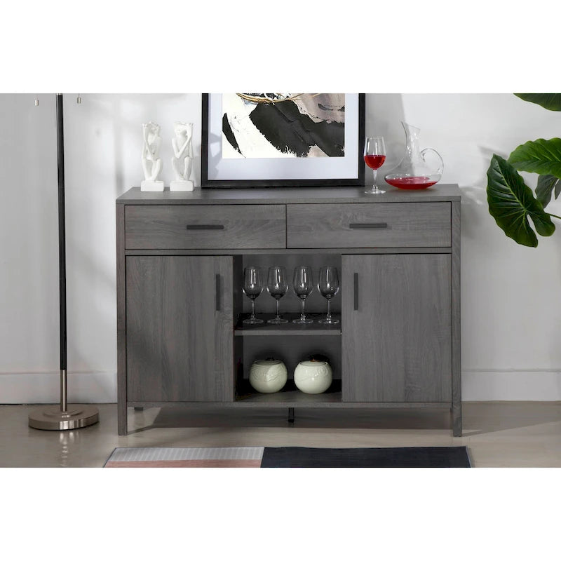 47W Sideboard-Aufbewahrungsschrank, Esszimmer-Anrichte mit zwei Schränken, zwei Schubladen und zwei offenen Regalen