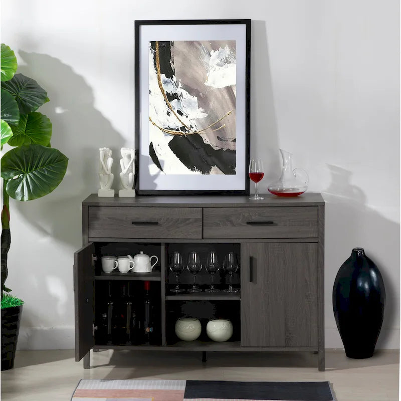 47W Sideboard-Aufbewahrungsschrank, Esszimmer-Anrichte mit zwei Schränken, zwei Schubladen und zwei offenen Regalen