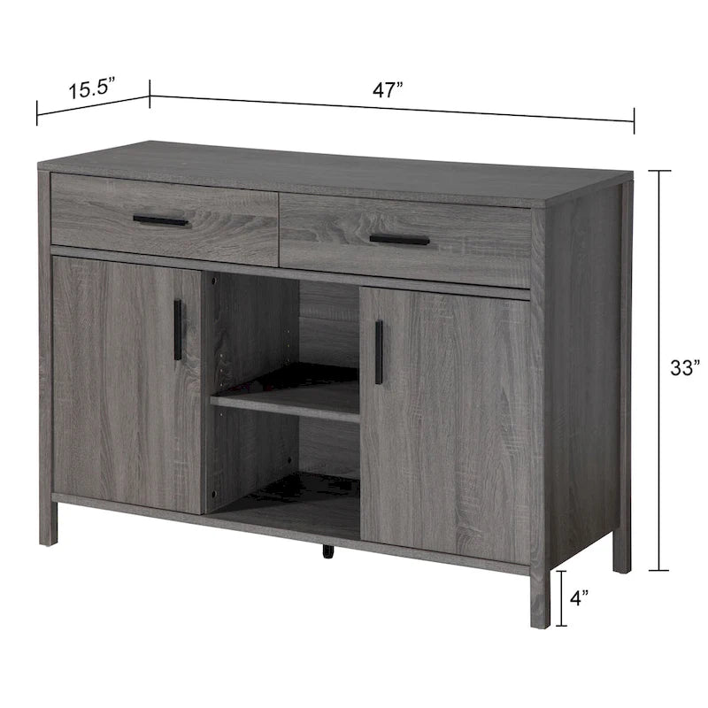 47W Sideboard-Aufbewahrungsschrank, Esszimmer-Anrichte mit zwei Schränken, zwei Schubladen und zwei offenen Regalen