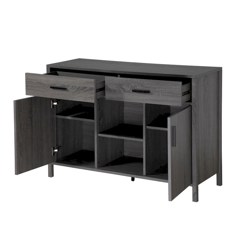 47W Sideboard-Aufbewahrungsschrank, Esszimmer-Anrichte mit zwei Schränken, zwei Schubladen und zwei offenen Regalen