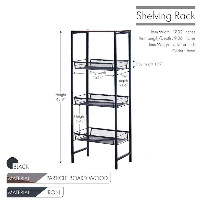 3-Tier Storage Shelves, Mesh Trays and Metal Frame