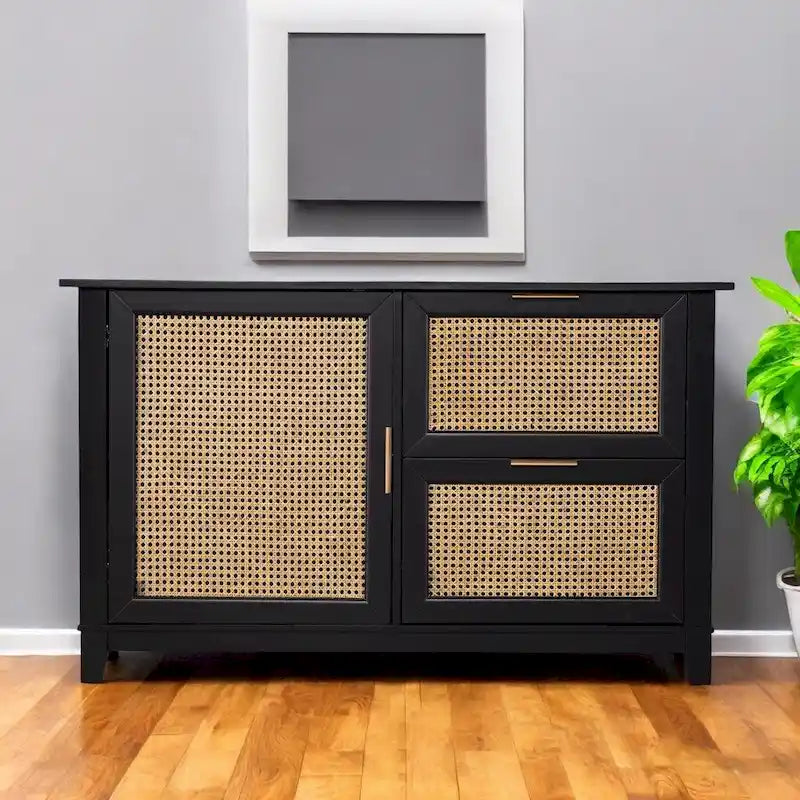 50 schwarzes Sideboard aus massivem Holz mit zwei Schubladen