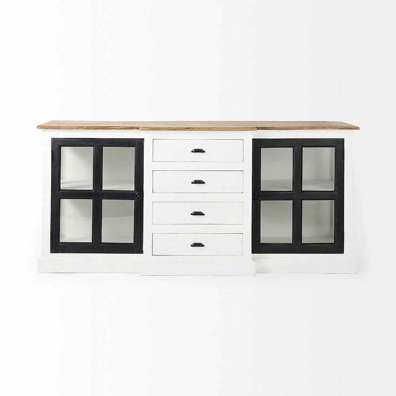Weiße Anrichte aus Massivholz mit schwarzer Zierleiste und mittelbrauner Oberseite - 75.0L x 20.8W x 34.3H