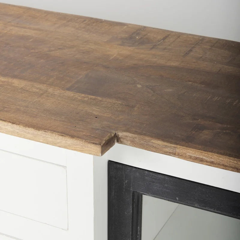 Wit massiefhouten dressoir met zwarte rand en middelbruine bovenkant - 75.0L x 20.8W x 34.3H