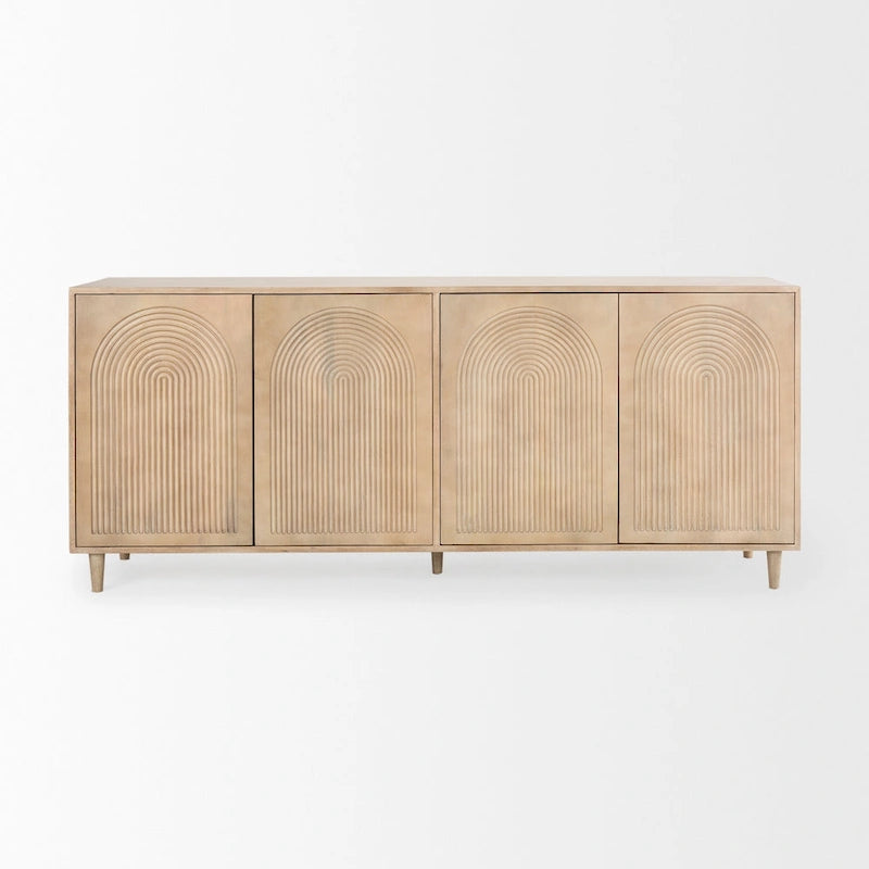 Sideboard aus massivem hellbraunem Holz mit gemusterten Türen - 71.75W x 30H x 15D