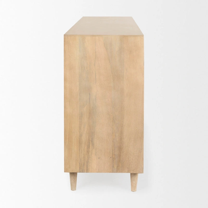 Sideboard aus massivem hellbraunem Holz mit gemusterten Türen - 71.75W x 30H x 15D