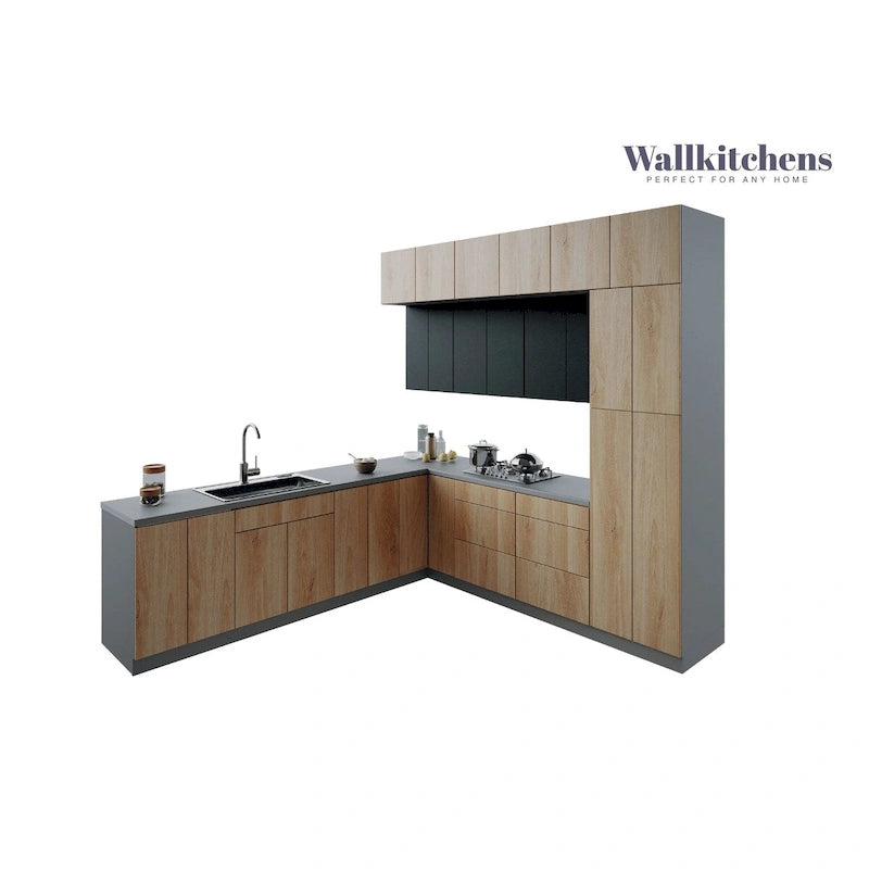 Cuisine en teck naturel et noir, meuble bas de 9 pieds de largeur - 108x24