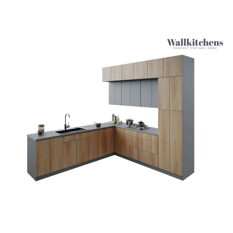Cuisine en teck naturel et noir, meuble bas de 9 pieds de largeur - 108x24