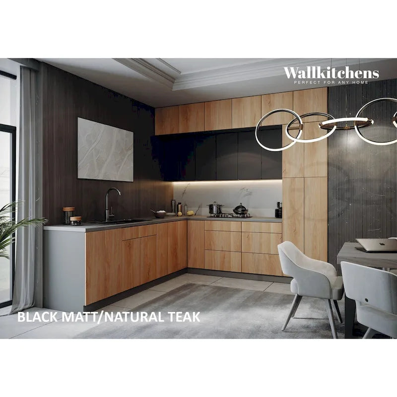 Cuisine en teck naturel et noir, meuble bas de 9 pieds de largeur - 108x24