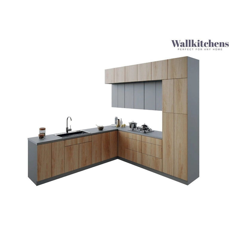 Keuken in naturel teakhout en zwart, onderkast van 9 ft breed - 108x24