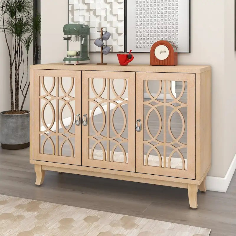Buffet avec portes en verre, meuble de rangement miroir à 3 portes