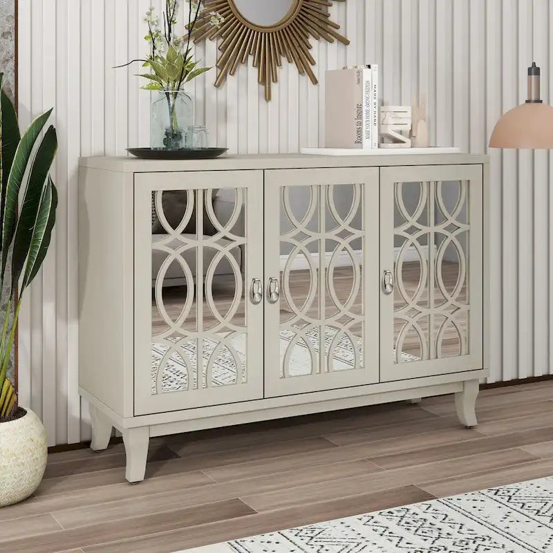 Buffet avec portes en verre, meuble de rangement miroir à 3 portes