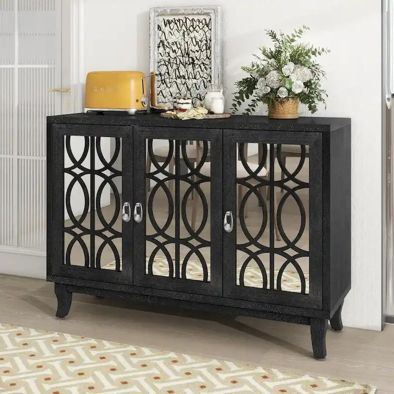 Buffet avec portes en verre, meuble de rangement miroir à 3 portes