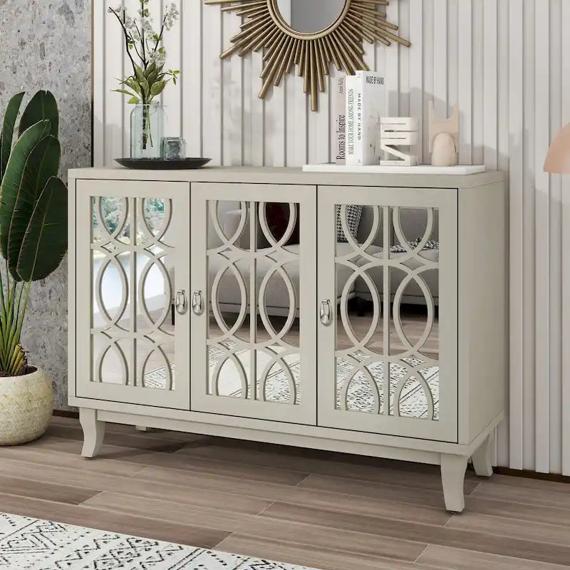 Buffet avec portes en verre, meuble de rangement miroir à 3 portes