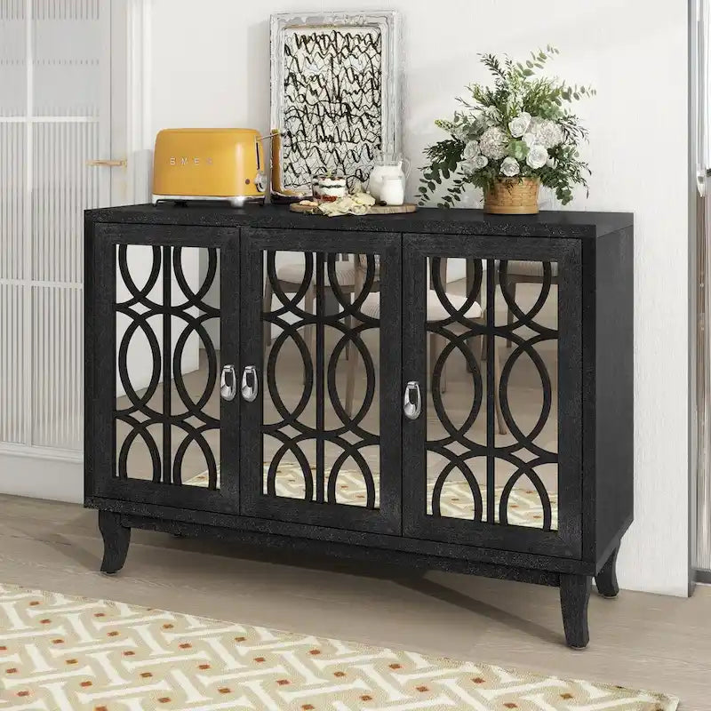 Buffet avec portes en verre, meuble de rangement miroir à 3 portes