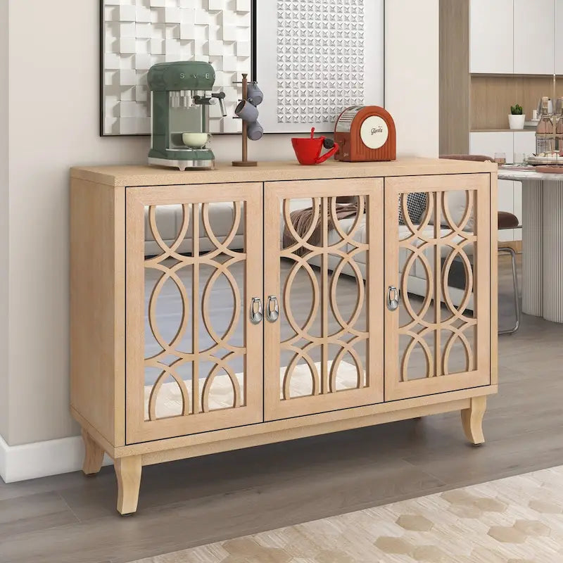 Buffet avec portes en verre, meuble de rangement miroir à 3 portes