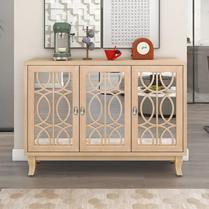 Buffet avec portes en verre, meuble de rangement miroir à 3 portes