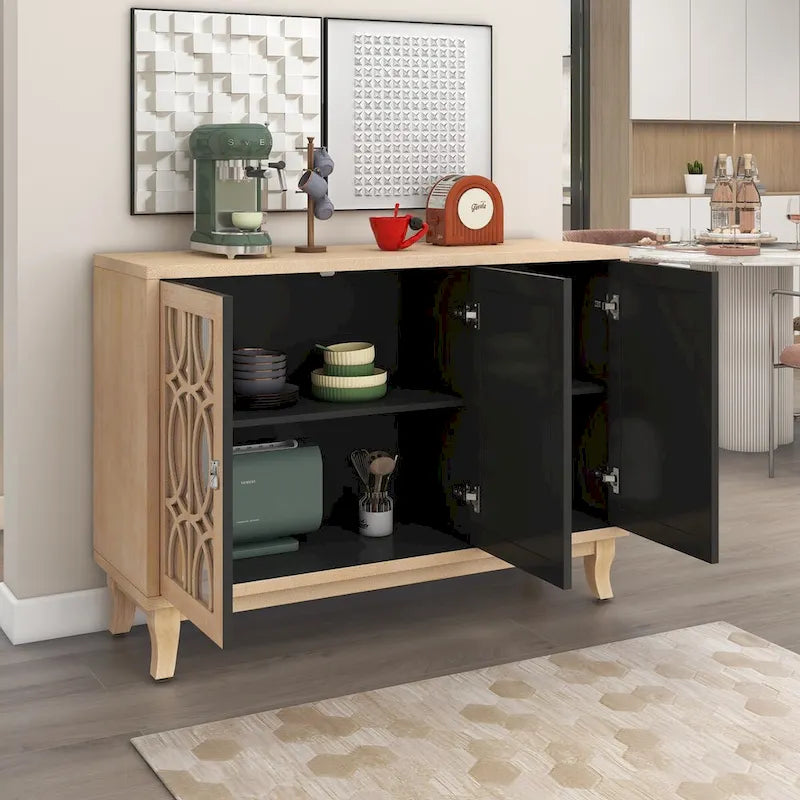 Buffet avec portes en verre, meuble de rangement miroir à 3 portes