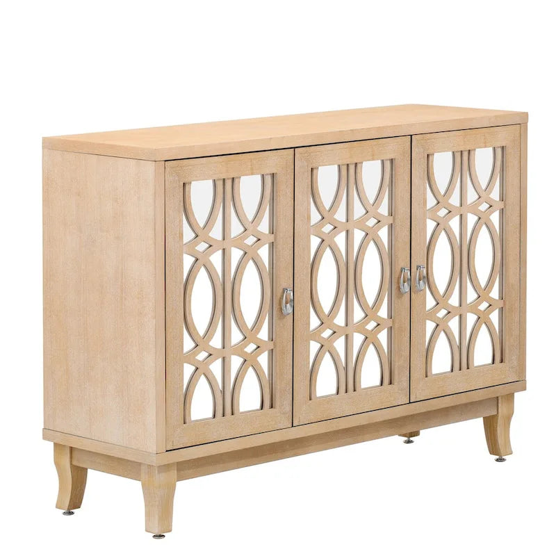Buffet avec portes en verre, meuble de rangement miroir à 3 portes