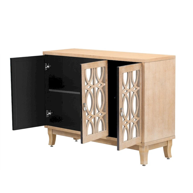 Buffet avec portes en verre, meuble de rangement miroir à 3 portes