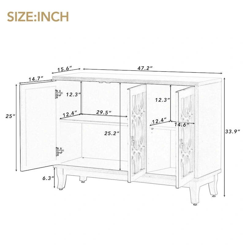 Buffet avec portes en verre, meuble de rangement miroir à 3 portes
