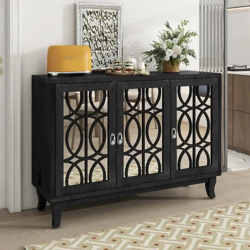 Buffet avec portes en verre, meuble de rangement miroir à 3 portes