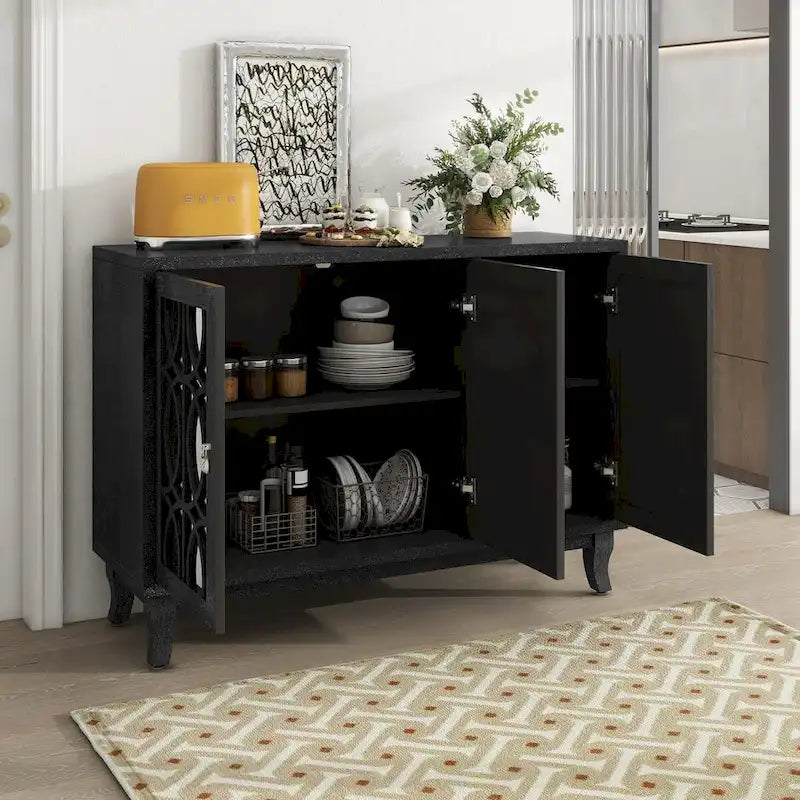 Buffet avec portes en verre, meuble de rangement miroir à 3 portes