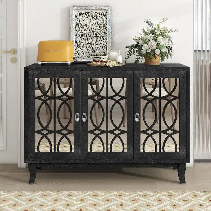 Buffet avec portes en verre, meuble de rangement miroir à 3 portes