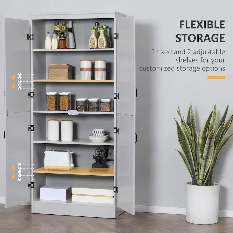 Dispensa da cucina alta 70, mobile contenitore indipendente, scaffalatura a 6 ripiani con 2 ripiani regolabili e 4 ante, grigia