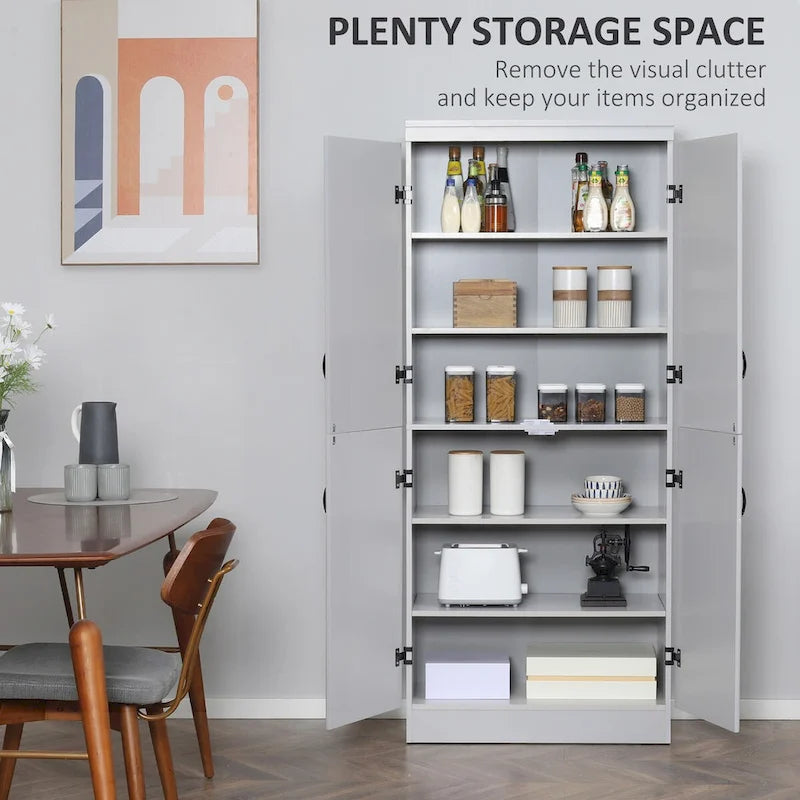 Dispensa da cucina alta 70, mobile contenitore indipendente, scaffalatura a 6 ripiani con 2 ripiani regolabili e 4 ante, grigia