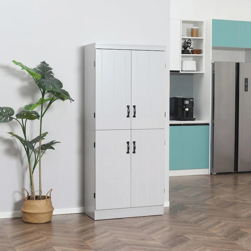 Dispensa da cucina alta 70, mobile contenitore indipendente, scaffalatura a 6 ripiani con 2 ripiani regolabili e 4 ante, grigia