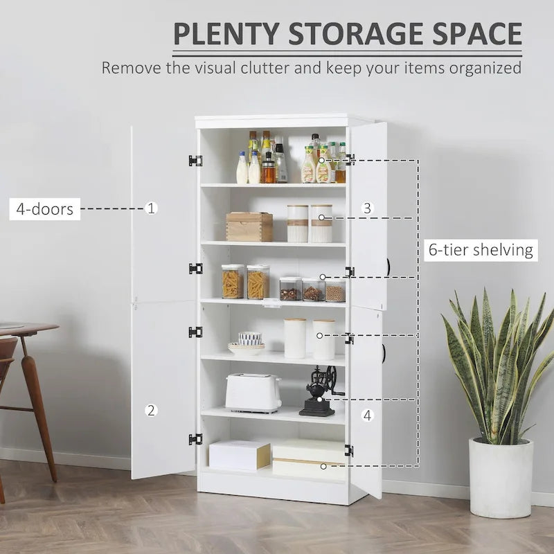 Dispensa da cucina alta 70, mobile contenitore indipendente, scaffalatura a 6 ripiani con 2 ripiani regolabili e 4 ante, grigia