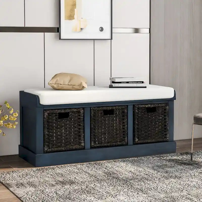 Rustic Storage Bench with 3 Removable Classic Rattan Baskets, Entryway Bench with Removable Cushion