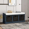 Rustic Storage Bench with 3 Removable Classic Rattan Baskets, Entryway Bench with Removable Cushion