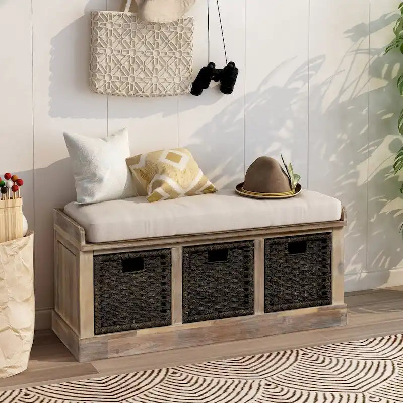 Rustic Storage Bench with 3 Removable Classic Rattan Baskets, Entryway Bench with Removable Cushion