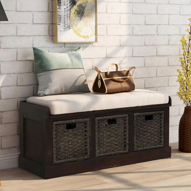 Rustic Storage Bench with 3 Removable Classic Rattan Baskets, Entryway Bench with Removable Cushion