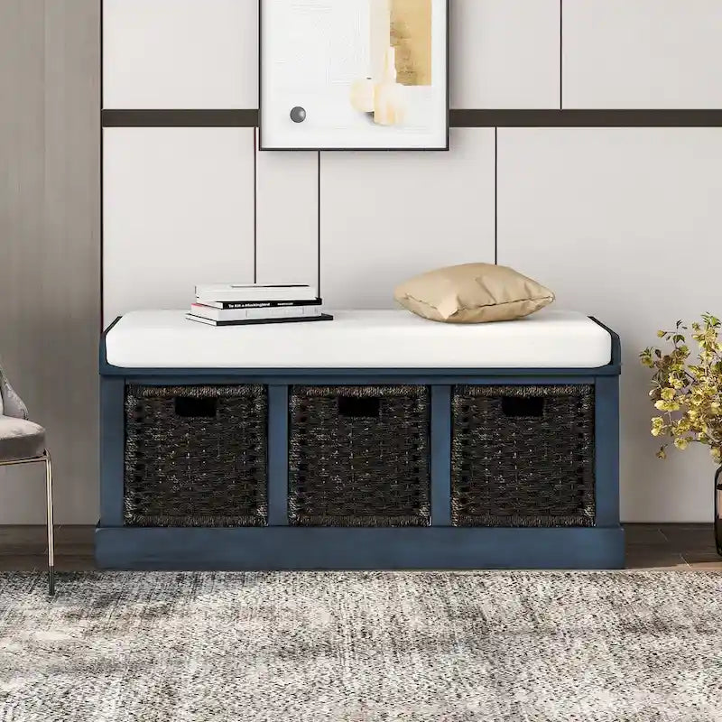 Rustic Storage Bench with 3 Removable Classic Rattan Baskets, Entryway Bench with Removable Cushion