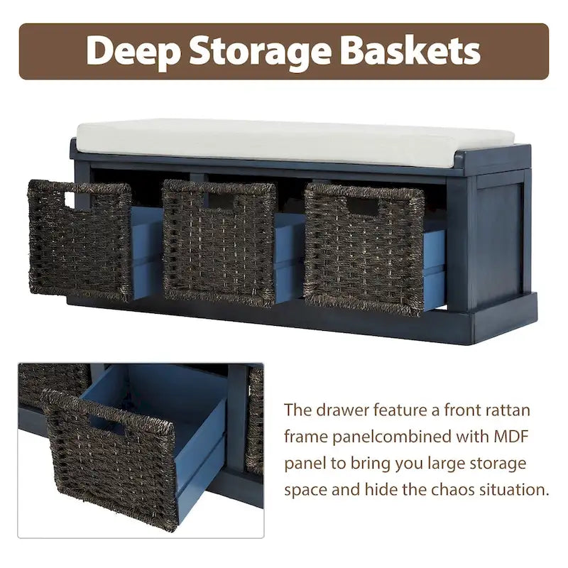 Rustic Storage Bench with 3 Removable Classic Rattan Baskets, Entryway Bench with Removable Cushion