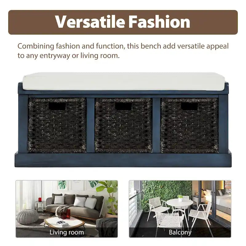 Rustic Storage Bench with 3 Removable Classic Rattan Baskets, Entryway Bench with Removable Cushion