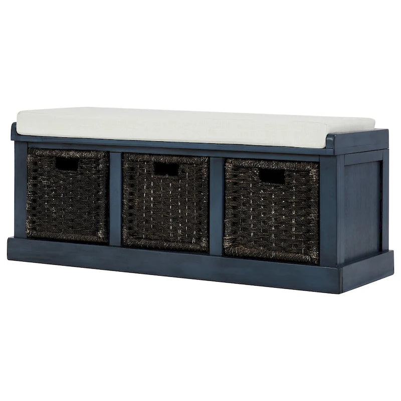 Rustic Storage Bench with 3 Removable Classic Rattan Baskets, Entryway Bench with Removable Cushion