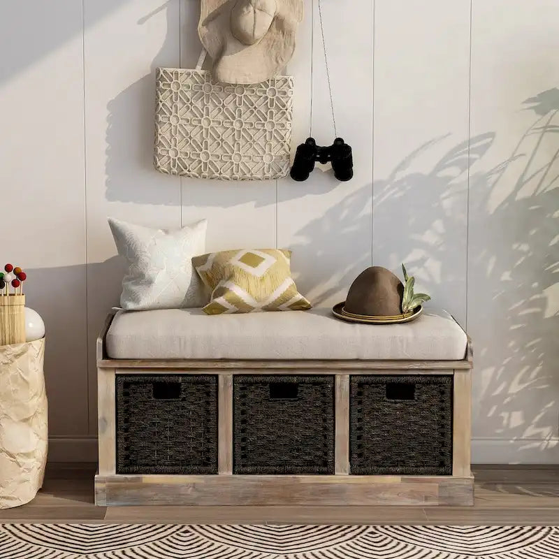 Rustic Storage Bench with 3 Removable Classic Rattan Baskets, Entryway Bench with Removable Cushion