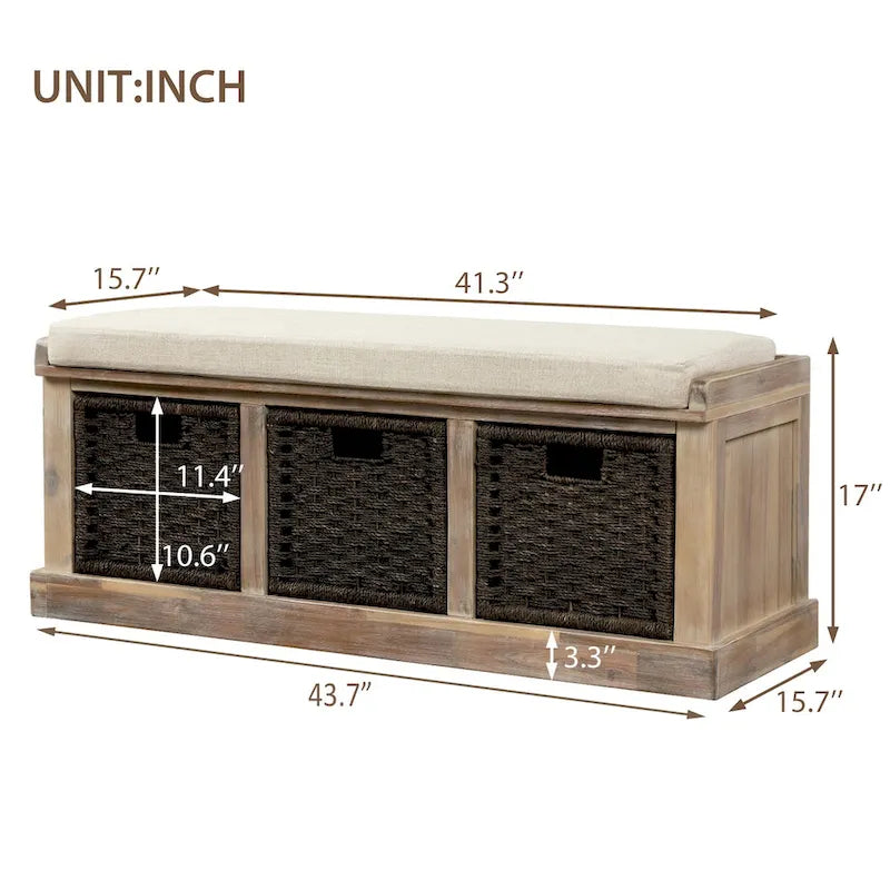 Rustic Storage Bench with 3 Removable Classic Rattan Baskets, Entryway Bench with Removable Cushion