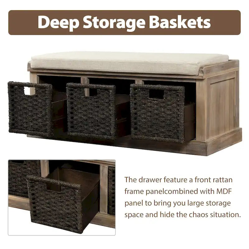 Rustic Storage Bench with 3 Removable Classic Rattan Baskets, Entryway Bench with Removable Cushion