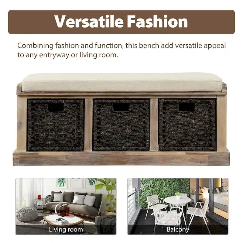 Rustic Storage Bench with 3 Removable Classic Rattan Baskets, Entryway Bench with Removable Cushion