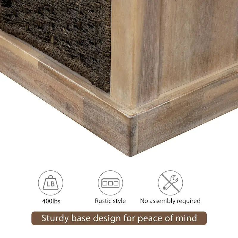 Rustic Storage Bench with 3 Removable Classic Rattan Baskets, Entryway Bench with Removable Cushion