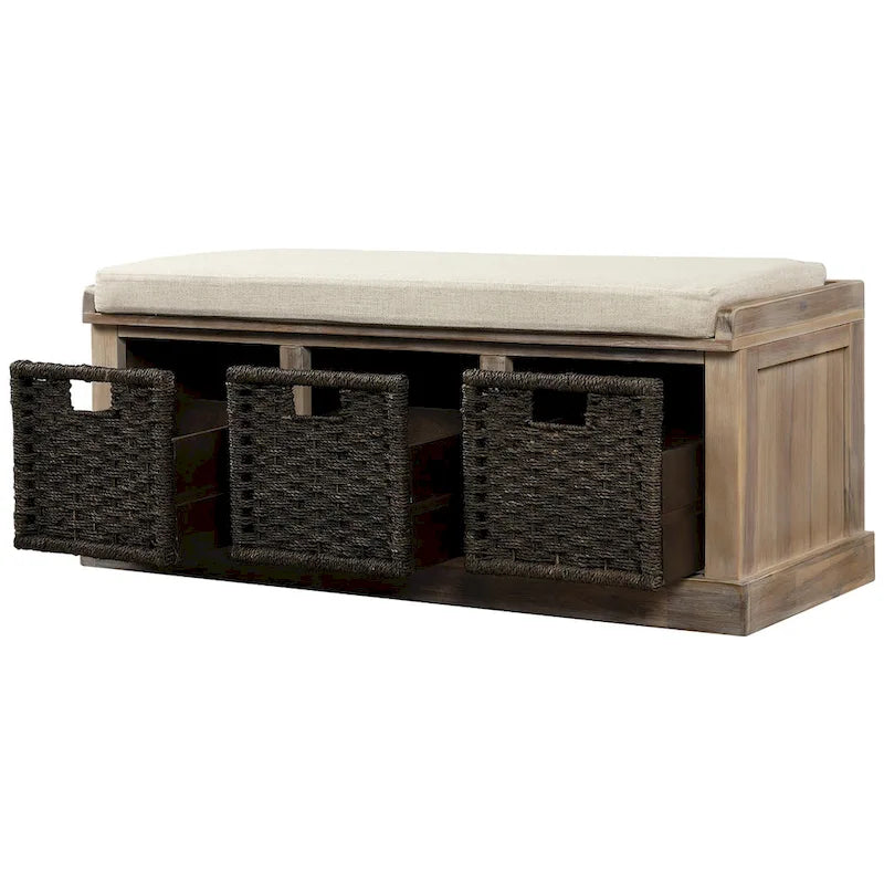Rustic Storage Bench with 3 Removable Classic Rattan Baskets, Entryway Bench with Removable Cushion