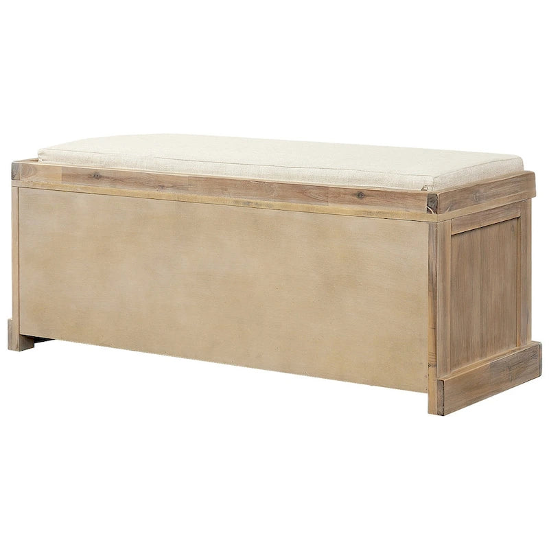 Rustic Storage Bench with 3 Removable Classic Rattan Baskets, Entryway Bench with Removable Cushion