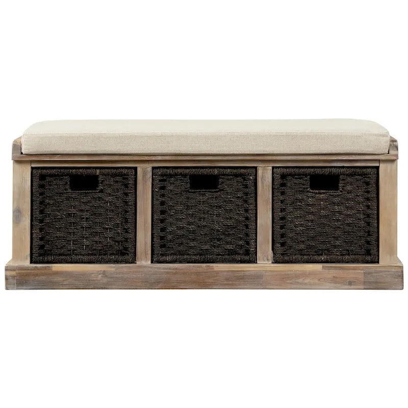 Rustic Storage Bench with 3 Removable Classic Rattan Baskets, Entryway Bench with Removable Cushion
