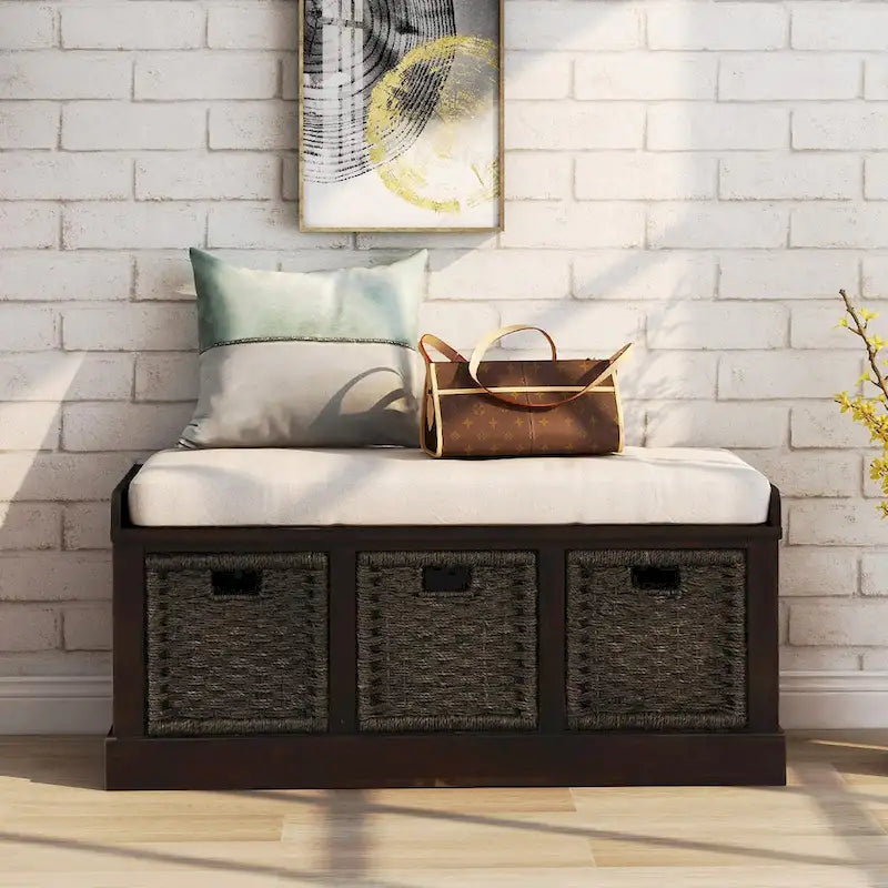 Rustic Storage Bench with 3 Removable Classic Rattan Baskets, Entryway Bench with Removable Cushion