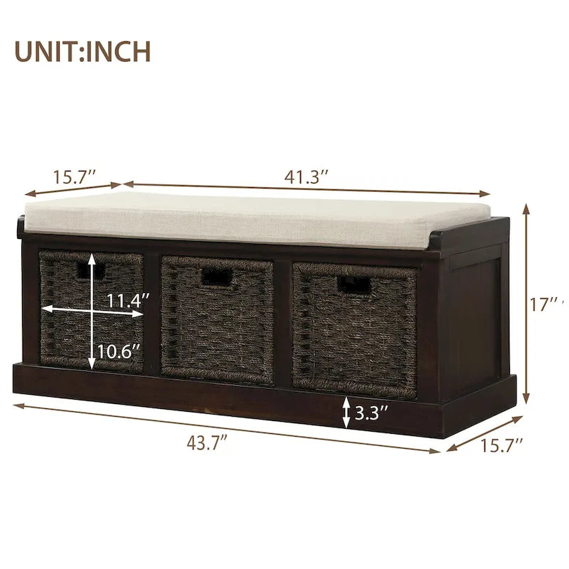 Rustic Storage Bench with 3 Removable Classic Rattan Baskets, Entryway Bench with Removable Cushion